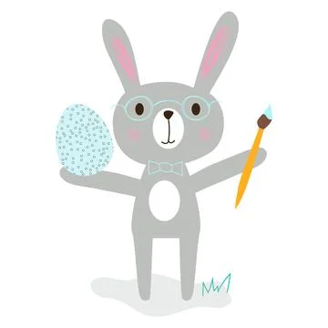 Clip art easter bunny in glasses, easter painted egg and art brush. Bright Illustrazione stock