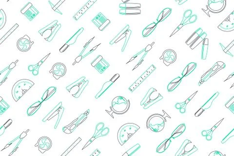 Clip art of office elements arrange on seamless background. Stock Illustration