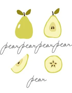 Clip-art set of different designs of pear, whole, half, slice and round cut.  Stock Illustration