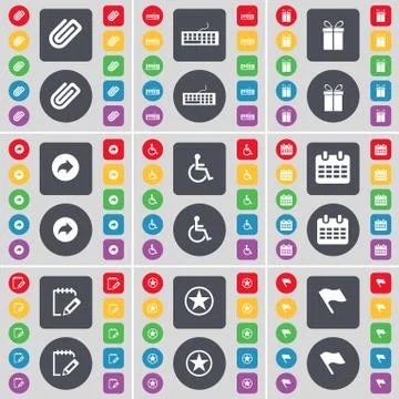 Clip, Keyboard, Gift, Back, Disabled person, Calendar, Survey, Star, Flag icon s Stock Illustration