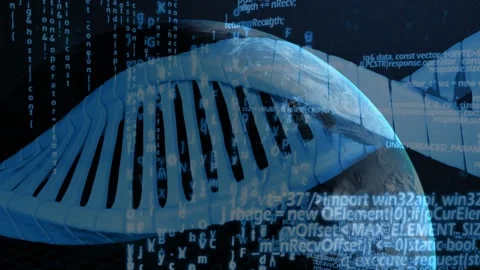 Clip playing, DNA helix translating and rotating past planet as cascading code Stock Footage 332746991