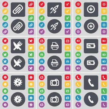 Clip, Rocket, Plus, Fork and knife, Printer, Battery, Gear, Camera, Receiver ico Stock Illustration