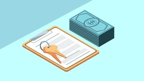 Clip showing isometric view of document on clipboard with money and keys, r.. Stock Footage 339336338