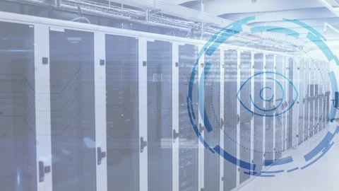 On clip start blue eye HUD appearing over server cabinets, expanding and pulsing Stock Footage 332566550