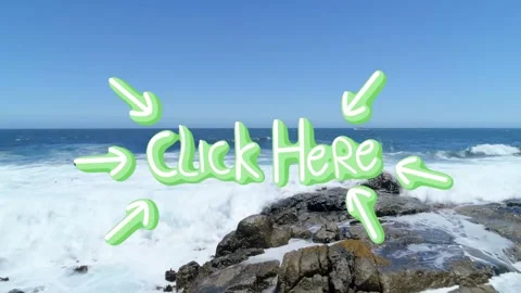 On clip start centered 3D 'Click Here' graphic cycling colors, waves rolling, Stock Footage 331736163