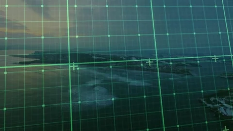 On clip start scanning HUD grid overlay appearing and pulsing over island for Stock-Footage 317206915