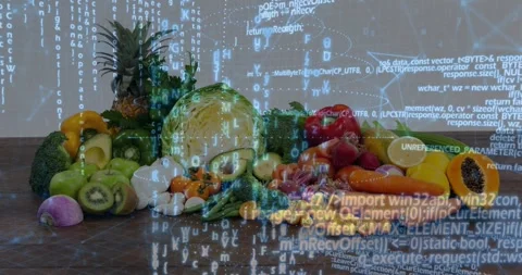 Clip start starting code overlay rising over produce, streams flowing, marking Stock Footage 331789093