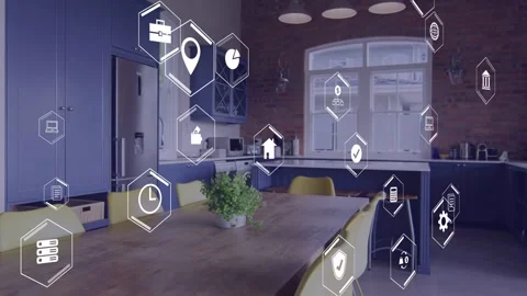 On clip start translucent hex icons floating and clustering over dining table, Stock Footage 335761794