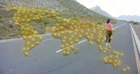 Clip starting with female runner running on mountain road with map tech overlay Stock Footage 314686499