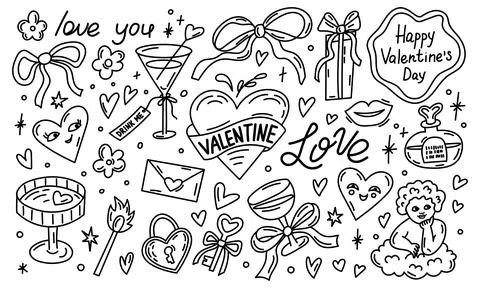 Clipart elements in doodle whimsy style for Valentine's Day. Stock Illustration