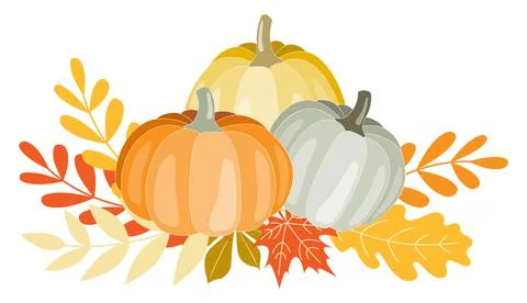 Clipart illustration composition of different pumpkins and leaves Ilustración de archivo
