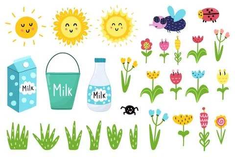 Clipart set with funny elements - sun, fly, ladybug, flowers, milk Stock Illustration