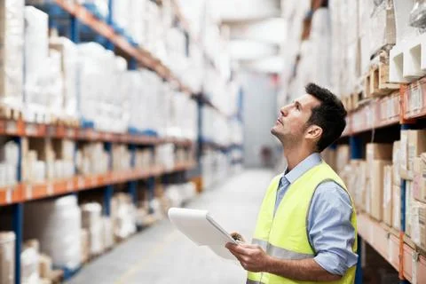 Clipboard, admin and logistics with man in warehouse for inventory checklist Stock Photos