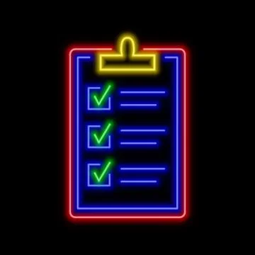 Clipboard with all checked boxes neon sign. Bright glowing symbol on a black  Stock Illustration