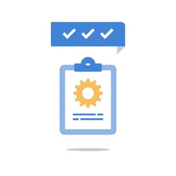 Clipboard and cogwheel, technical support check list, team work solution, pro Stock Illustration