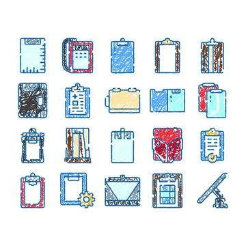 Clipboard and folder hand drawn icon set Illustrazione stock