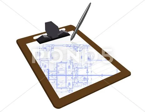 Clipboard with a blueprint sketch over a white background Stock Illustration