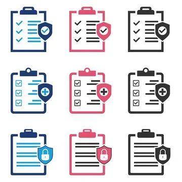 Clipboard check list icon set with shield protection security contract Illustrazione stock