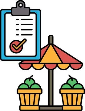 A clipboard with a check mark on it is next to a table with a canopy Stock Illustration