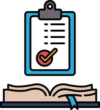 A clipboard with a check mark on it is sitting on top of an open book Illustrazione stock