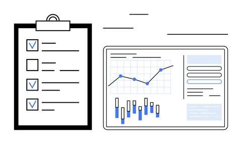 Clipboard Checklist and Data Analysis Panel with Charts for Project Managem.. Stock Illustration