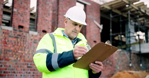 Clipboard, checklist and man on construction site for task brief, inspection or Stock Footage 337026512