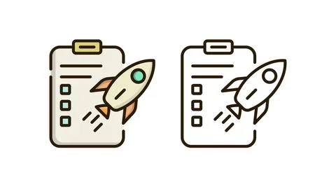 Clipboard with Checklist and Rocket Icon in Outline and Illustration Style .. Stock Illustration