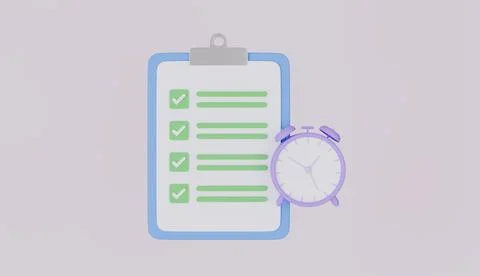 Clipboard checklist with clock, quick questionnaire, deadline checklist Ilustración de archivo