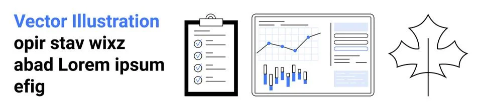 Clipboard with checklist, computer screen displaying charts and graphs, outli Stock Illustration