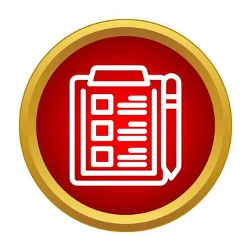 Clipboard checklist with pen icon on red circle Stock Illustration