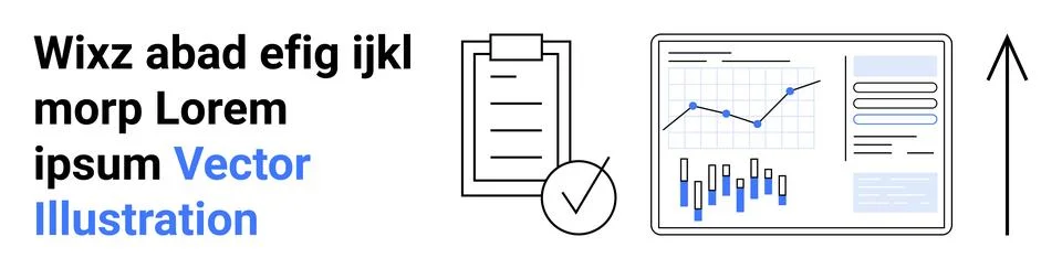 Clipboard with checkmark, data analytics screen displaying graphs, an upward  Illustrazione stock