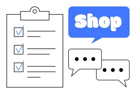 A clipboard with checkmarks, a speech bubble with the word Shop, and two chat Stock Illustration