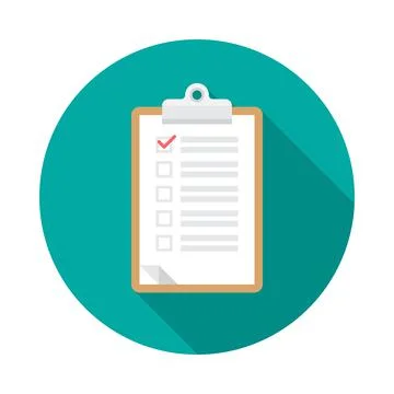 Clipboard circle icon with long shadow. Flat design style. Stock Illustration
