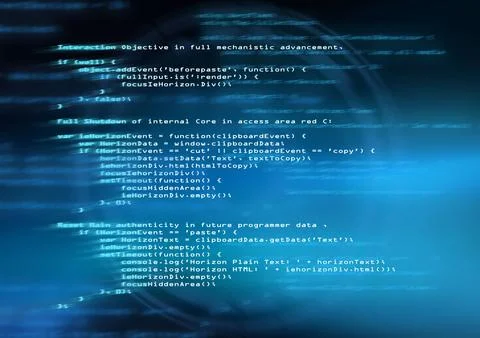 Clipboard code is floating on dark blue background, featuring glowing globe grid Stock Illustration