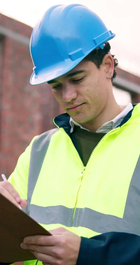 Clipboard, construction and thinking with man outdoor for checklist, inspection Stock Footage 340873205