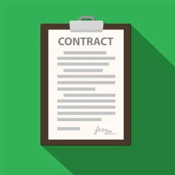 Clipboard with contract document on green. Flat illustration of clipboard wit Stock Illustration
