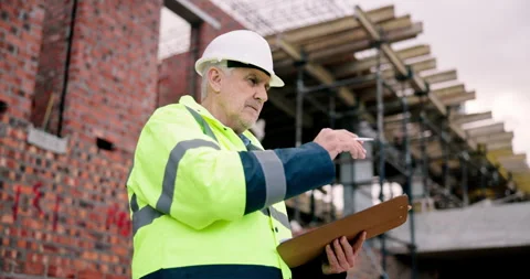 Clipboard, count and man on construction site for task brief, inspection or Stock Footage 337026552