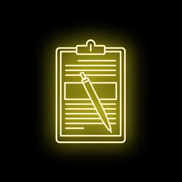 Clipboard document with pen neon glowing outline Stock Illustration