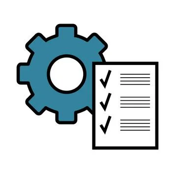 Clipboard with gear icon. Technical support check list isolated on white Stock Illustration