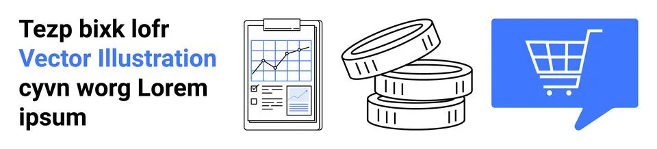 Clipboard with graph, stack of coins, and shopping cart in blue speech bubble Illustrazione stock