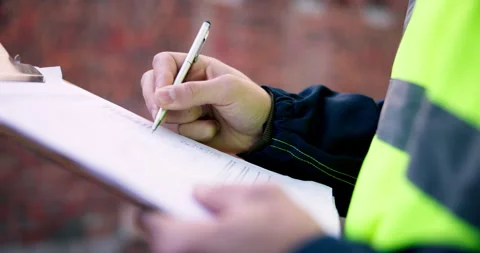 Clipboard, hands and man on construction site for task brief, inspection or Stock Footage 337035886