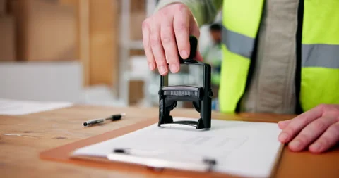 Clipboard, hands and stamp with logistics employee in warehouse for delivery Stock Footage 318729099