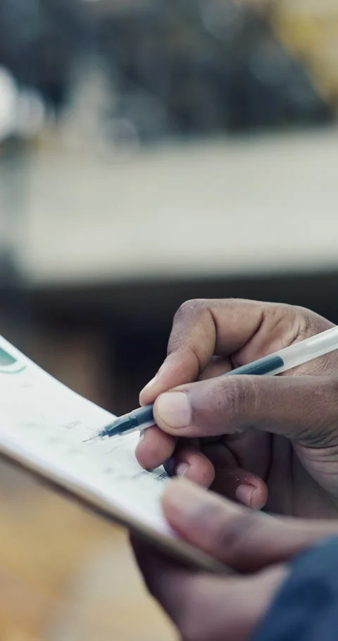 Clipboard, hands and writing on construction site with developer for building, Stock Footage 336848259