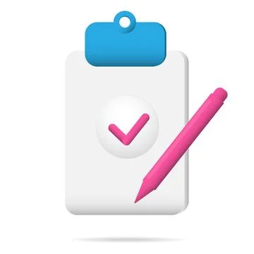 Clipboard icon with check mark and pink pen checklist project task approval. Stock Illustration