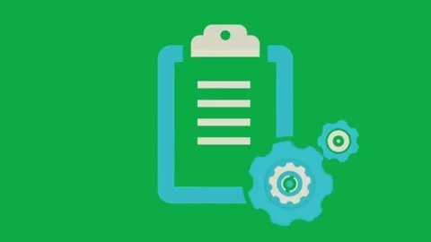 Clipboard icon with rotating gears motion graphic animation on green screen back Stock Footage 332151309