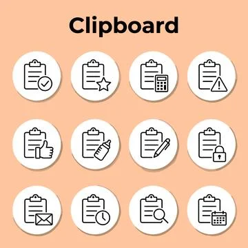 Clipboard icon set with checkmark, star, calculator, alert, thumbs up, baby.. Stock Illustration