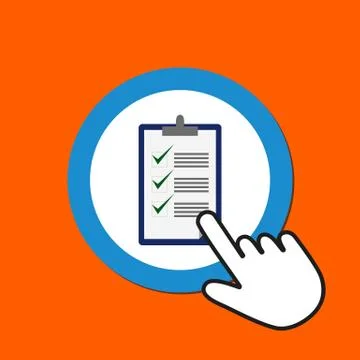 Clipboard icon. Test concept. Hand Mouse Cursor Clicks the Button. Stock Illustration