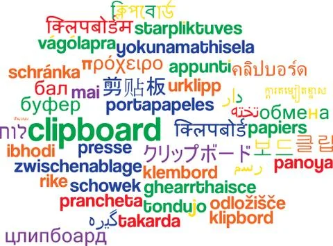 Clipboard multilanguage wordcloud background concept Stock Illustration