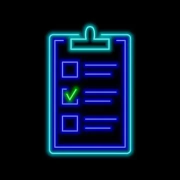 Clipboard with one checked box neon sign. Bright glowing symbol on a black ba Stock Illustration