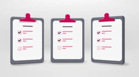 Clipboard with paper survey list. 3d vector set Stock Illustration